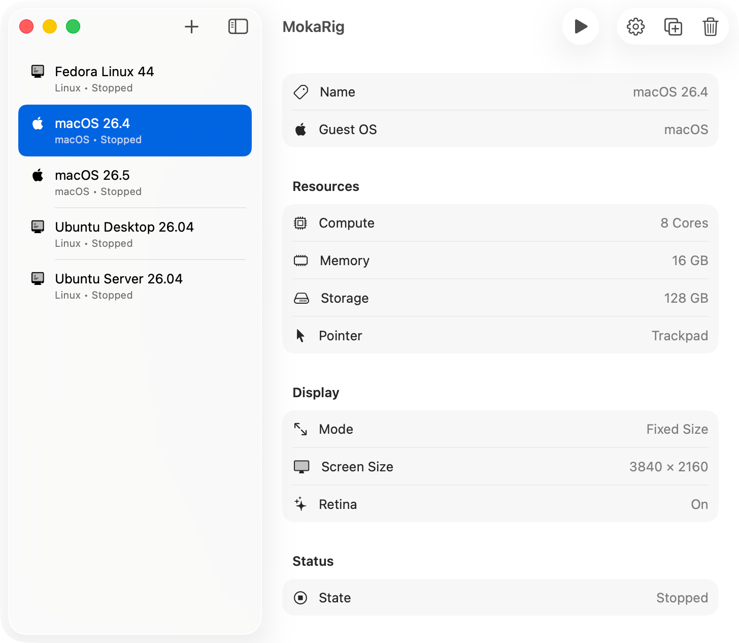 The MokaRig app window, showing a list of virtual machines alongside the configuration details of a selected macOS virtual machine.